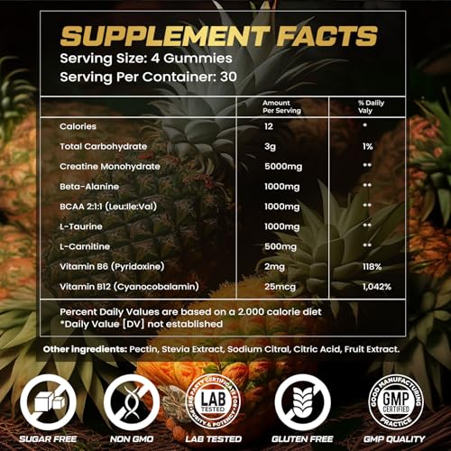 Image of Creatine Monohydrate Gummies for Men & Women, Creatine Gummies Sugar Free with L-Taurine, BCAA 2:1, B12 B6 for Boost Strength, Focus & Endurance, Vegan, Non-GMO, Pineapple, 120*2 Bottle