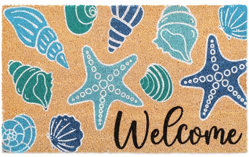 Whaline Seashell Doormat Natural Coir Welcome Floor Mat Blue Coastal Beach Starfish Conch Non-Slip Entrance Door Rug for Summer Indoor Outdoor Home Bathroom Decor