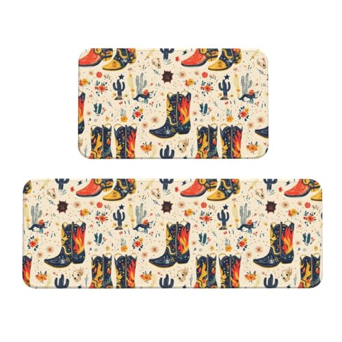 GVYGVY Antifatigue Kitchen Mats for Floor 2 Piece - Western Cowboy Boots Print Kitchen Rugs Washable, Non Slip Runner Rug Standing Mat for Office/Bathroom/Laundry/Home Decor and Accessories