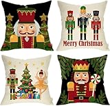 Juego de 4 fundas de almohada de Navidad , 45 x 45 cm funda de cojín de lino para sofá,Patrón de Navidad Cojín Sofá...