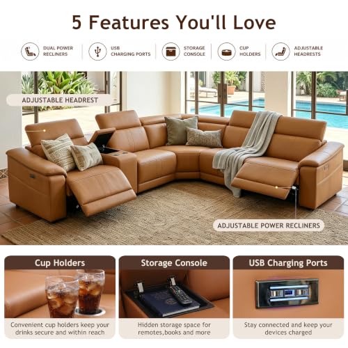 Image of Caramel Power Reclining Sectional Sofa with Cup Holders /Storage, 4 Seater | L-Shaped Recliner Couch with USB Charging /Storage, Home Theater Seating, Leather Furniture for Living Room, House, Apartment