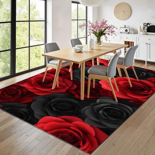 Tapete Lavable 8x10 para Sala con Diseño Floral Rojo y Negro miniatura 4