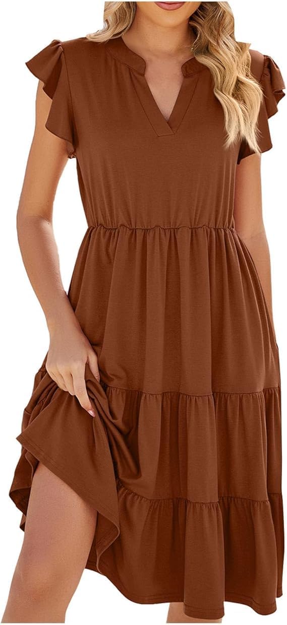 Women's V-Neck Ruffle Short Sleeve Midi Dresses Solid Casual Beach Tiered Boho Dress Trendy Maxi Flowy Sundress