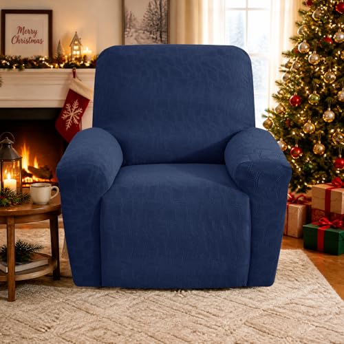 Image of ZNSAYOTX 100% Waterproof Recliner Chair Covers, 3-Piece Stretch Fit Recliner Slipcovers with Buckle & Elastic Band for Lazy Boy, Stay in Place, Soft Plaid Jacquard Protector (X-Large, Navy Blue)