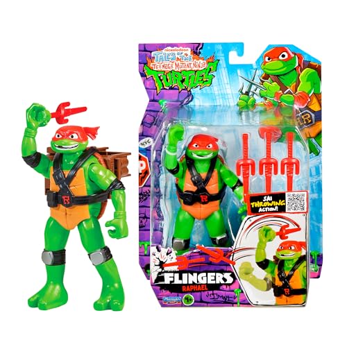 TORTUGAS NINJA Deluxe Flingerz Raphael, Figura de Acción de 15 cm con Sonido, Articulada, Lanza su Arma, Incluye hasta 3 Armas con Almacenamiento en Mochila, +4 años, Famosa (T0211100)