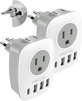 2 Pack Brazil Adapter Plug,VINTAR Type N Plug Adapter with 1 USB C,3 USB Ports and 2 American Outlets,6 in 1 Brazil Power Adapter for US to Brazil