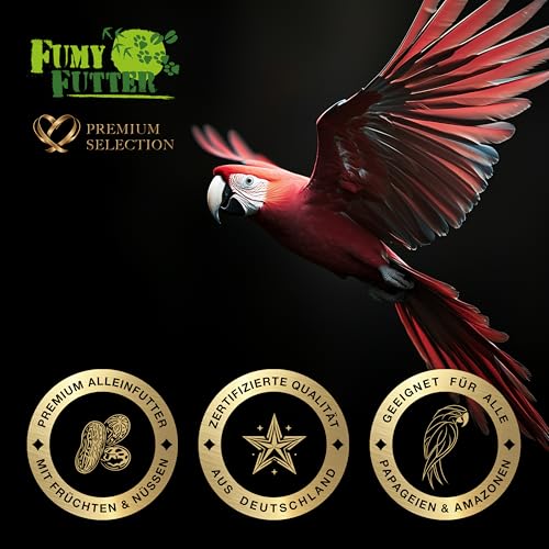 FumyFutter Papagei Frucht Mix, Exklusives Alleinfutter, Premium-Papageienfutter für Aras, Graupapageien und Amazonen, mit Früchten, Nüssen und Chilis verfeinert, 1,5kg, 1x Beutel