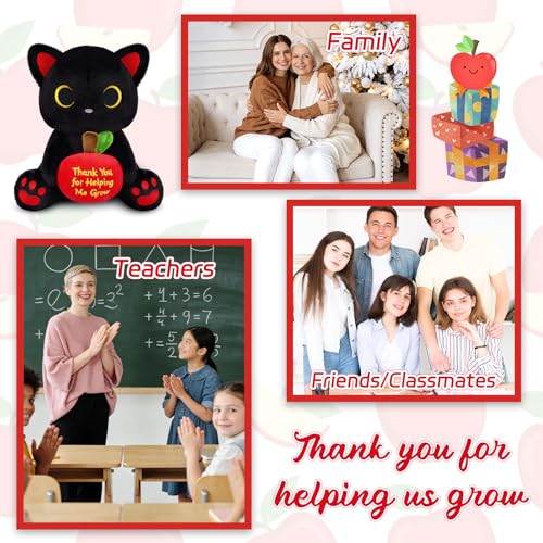 Image of Black Cat Plush Holding Red Apple - Teacher Appreciation Gift Thank You for Helping Me Grow, 8inch Cute Stuffed Cat Plushie, Kawaii Toy Thank You Gift for Women Men Desktop Decor