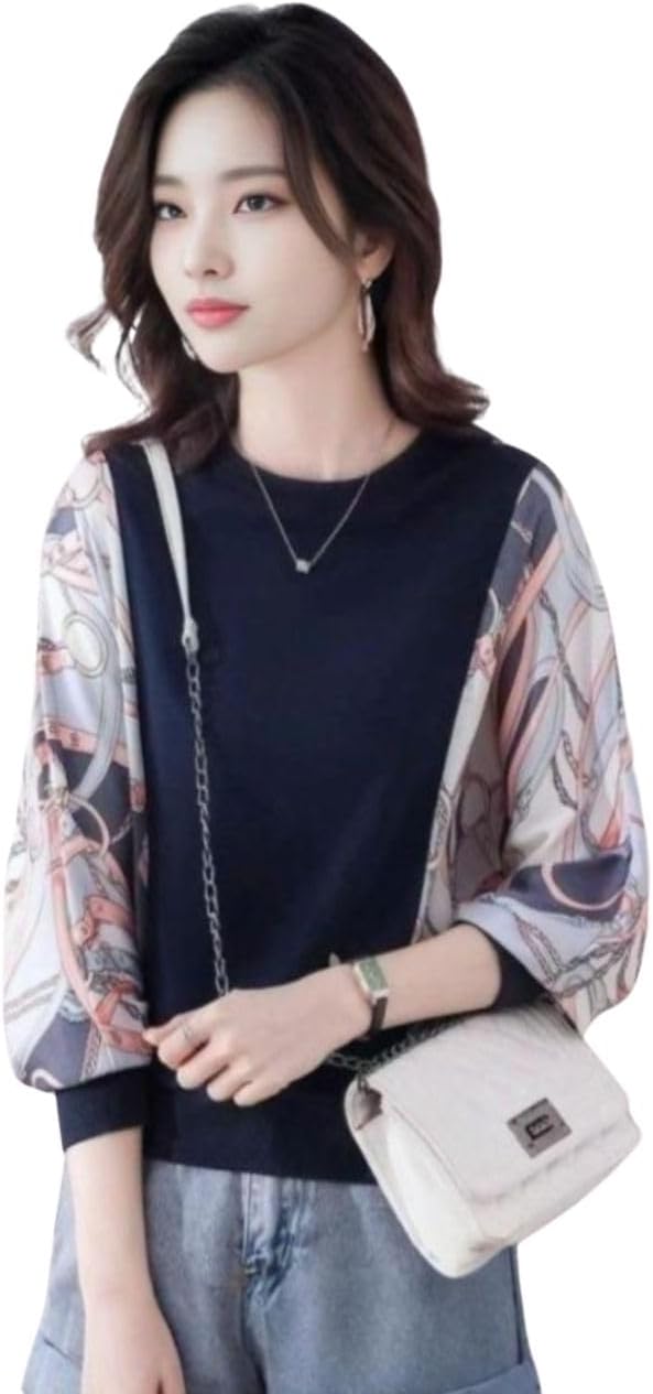Women's Pullover Blouse with Scarf Pattern Sleeves, Mixed Materials, Round Neck, Dolman Sleeves, Long Sleeve JS16