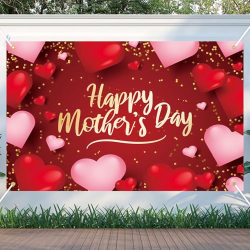 Happy Mother's Day Banner - XtraLarge 7x5 FT Large Reusable Mother's Day Backdrop for Mother's Day Indoor and Outdoor Party Decorations (Red Heart)