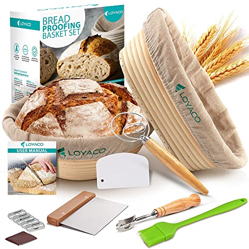 Loyaco 10Pcs Banneton Bread Proofing Baskets Round + Oval, Sourdough Proofing Basket Set With Dough Bowls, Bread Lame, Whisk, Dough Scrapers & Oil Brush - Bread Making Tools And Supplies Gift #TOP30