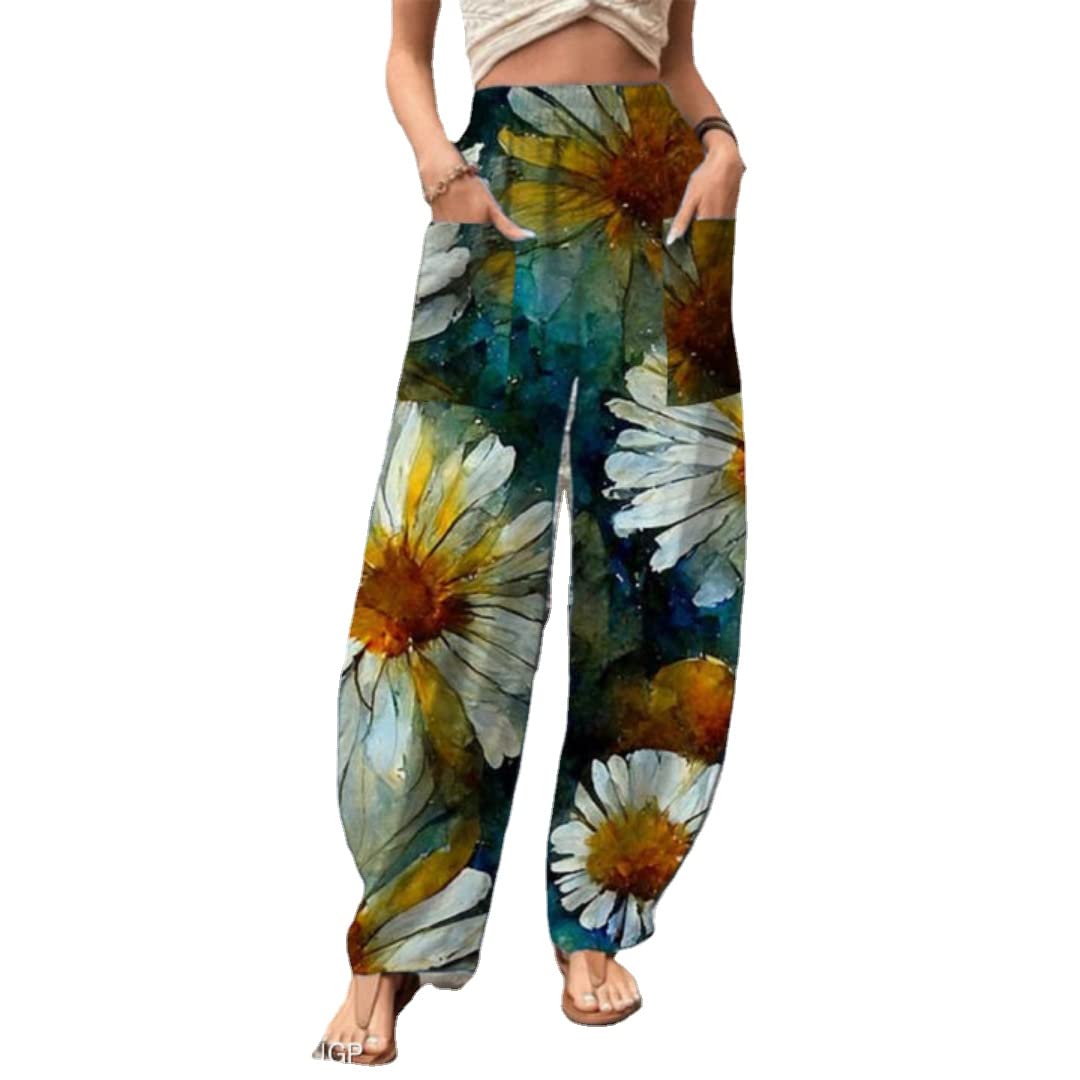 Womens Casual Wide Leg Pants Trousers Holiday Weekend Full Length Comfort Floral Beach Side Pockets Pants
