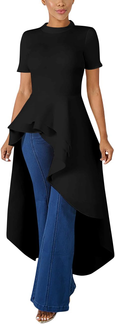 Lrady Womens Casual Shirt Dress High Low Irregular Ruffle Hem Blouse Asymmetrical Peplum Long Tunic Tops