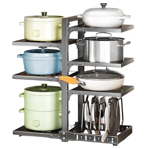 Ruiqas Pots and Pans Organizer for Cabinet, 6+1 Tier Heavy Duty Adjustable Pan Rack,Black Carbon Steel Pot Pan Rack under Sink Organizers