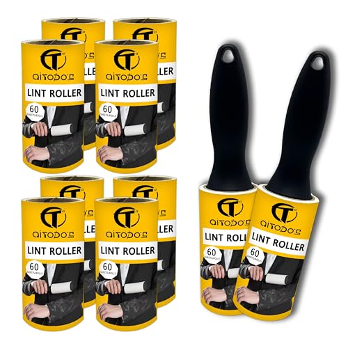AiTodos® 600 Hojas Rodillo Quitapelusas, 10 Rollos + 2 Mangos para Eliminar Pelos de Ropa, Sofás, Pelos de Gato, Pelos de Perro y Alfombras (60 Hojas/Rollo) Rodillo Quitapelos Mascotas