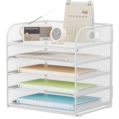 VITVITI Organizador de Escritorio, Bandeja para Cartas de 5 Niveles, Soporte apilable, Compartimentos con asa, Material de Oficina para Bandeja de Documentos A4, Papel, Libro, Revista   Blanco
