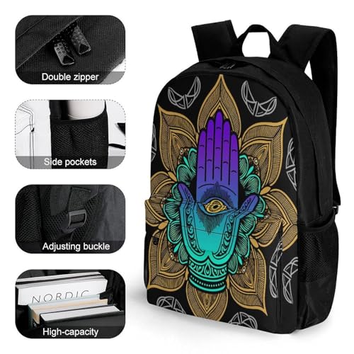 Supdreamc Men Women Polyester Multicolor Hamsa Hand Ornate Amulet Lotus Ethnic Indian Art Casual Daypack Large Capacity Carry On Bag With Adjustable Shoulder Straps for Camping Work Running3