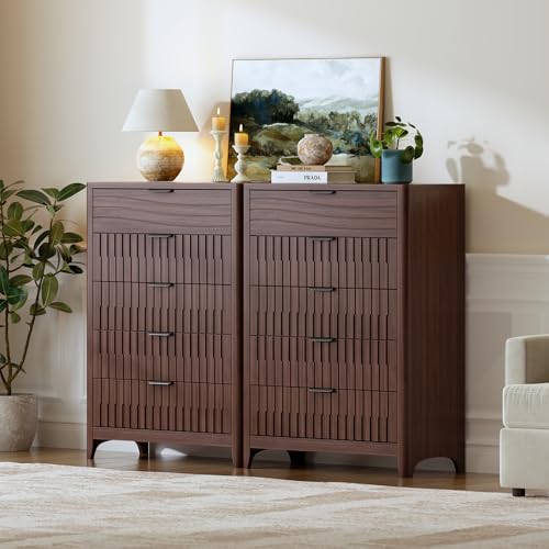 Image of Fluted 5 Drawers Dresser for Bedroom, 44'' Tall Wooden Chest of Drawers with Metal Handles, Modern Dresser TV Stand, Wood Clothing Storage Organizer for Living Room, Entryway, Walnut