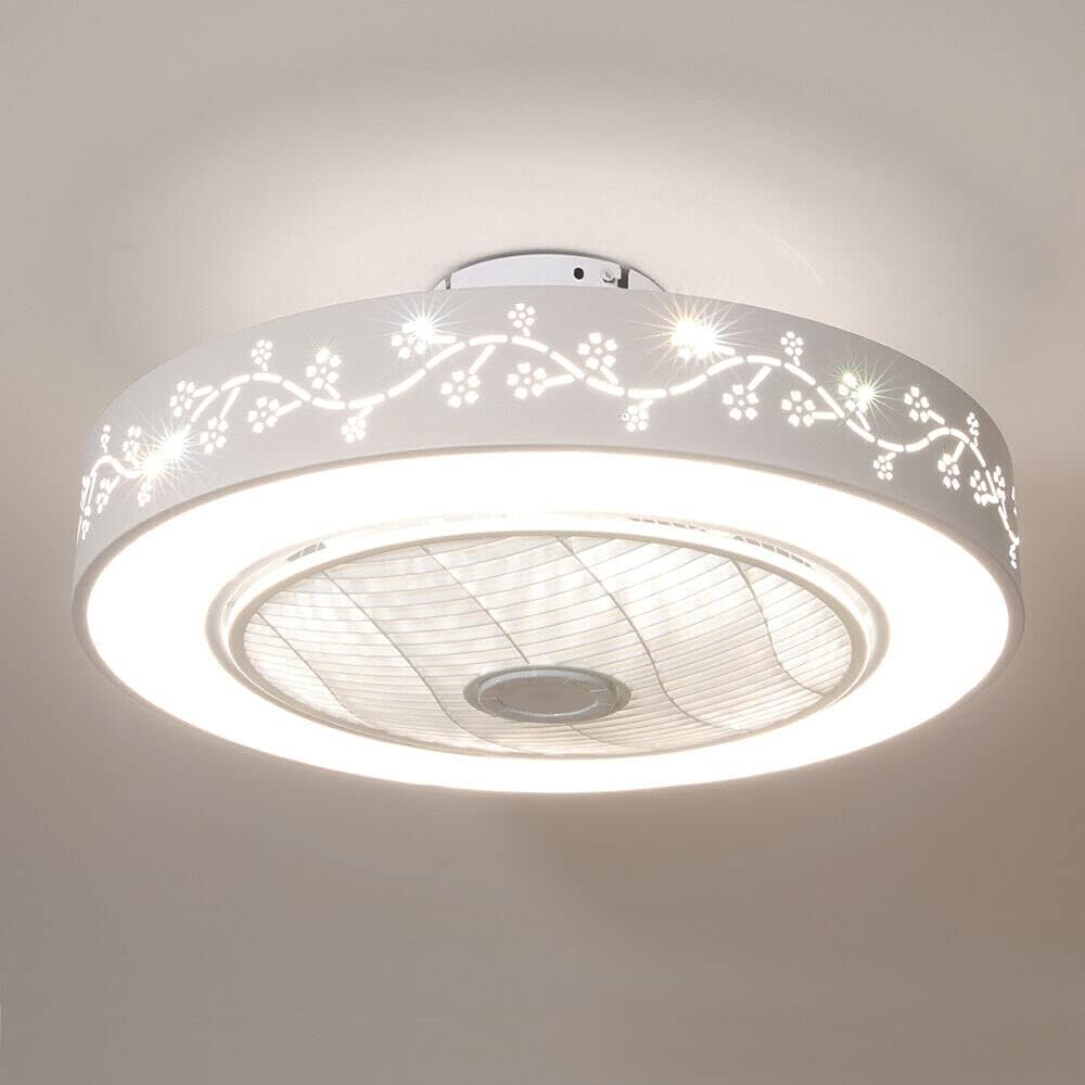 Ceiling Fan Light, Enclosed Round Smart LED Dimmable Ceiling Lighting Fan with Invisible Blades,Semi Flush Mount Low Profile Fan W/Remote Control for Bedroom Office Living Room Children's Room