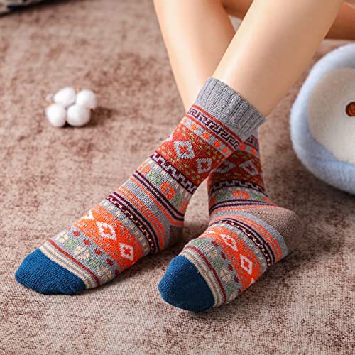 5 Pairs Wool Socks - Comfortable Warm Wool Socks for Women, Wool Socks Women, Vintage Women\'s Winter Socks, Super Soft Crew Socks for Women, Thick Knit Cabin Cozy Wool Socks Gifts for Women Girls