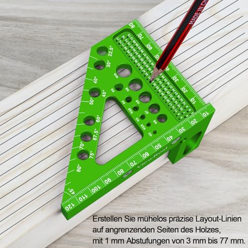 3D-Gehrungswinkel Multifunktional 22.5-90 Winkelmaß Aluminiumlegierung Hochpräzises Layout-Messwerkzeug Anreisswerkzeug Holzbearbeitungs-Messwerkzeuge für Tischler, Ingenieur Grün