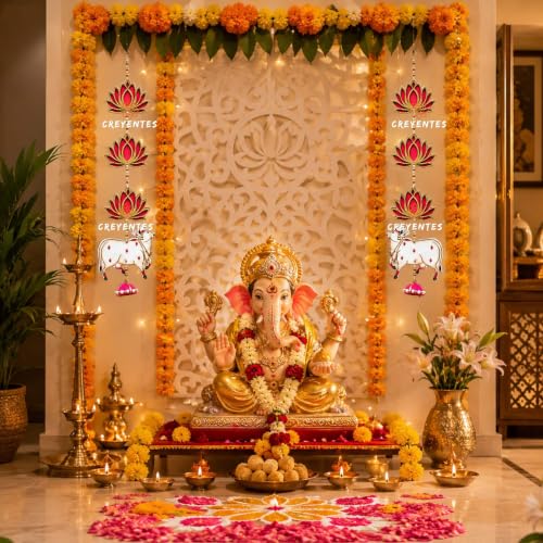 Image of Pink Lotus & Mango Leaf Toran for Door, Hanging for Main Entrance, for Office,Temple,Diwali, Party (3 Tier Lotus Cow)