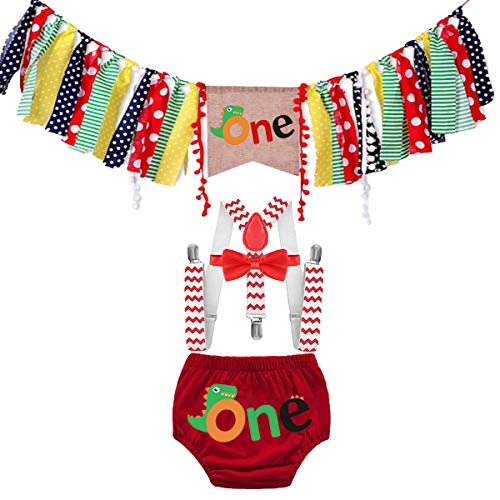 IZKIZF Baby Dinosaur Costume Decoration Cake Smash Photo Props Suspenders Bow Tie w/HighChair Banner Outfits