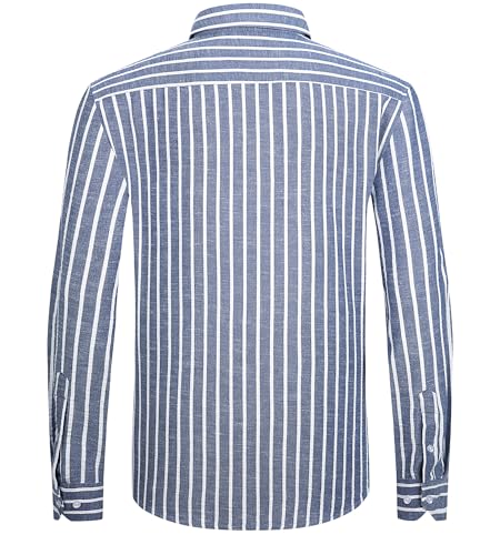 Damipow Mens Linen Cotton Striped Long Sleeve Dress Shirt Casual Button Down Shirt4