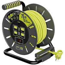 Masterplug 75ft Cord Reel, Retractable Extension Lead with Winding Handle, Safety Overload Circuit Breaker and Power Switch, 4x Grounded Outlets, 2x USB Ports, 13amps, 14AWG Cable