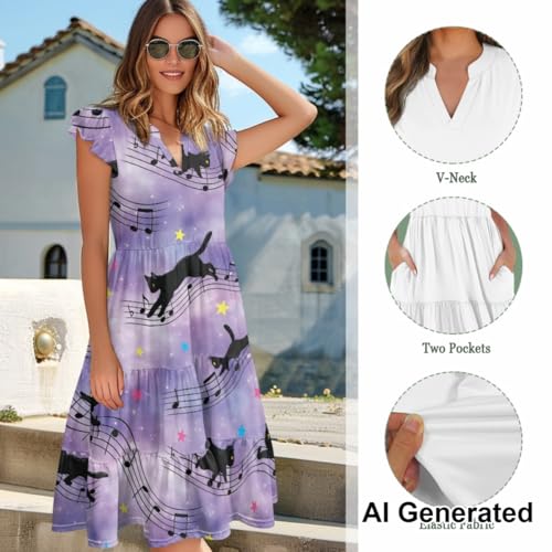 Image of Women's Casual Ruffle Sleeve Dress V Neck Pullover Dress Flowy A-Line Pleated Lightweight Dress with Pockets