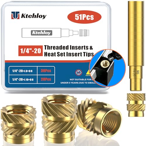Image of 51Pcs 1 /4 inch-20 Threaded Inserts, Female Thread SAE Knurled Nuts Assortment Kit, Brass Heat Set Insert for 3D Printing Plastic Parts (1 /4 inch-20, L8xD8 and L10xD8)