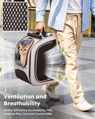 Pecute Dog Backpack Carrier,Large Space Dog Bubble Backpack,Ergonomic,Khaki | Color Blocking,Sunshade curtain,Folding bowl,Transparent window,Sturdy,Large mesh on both sides for breathability - Image 6