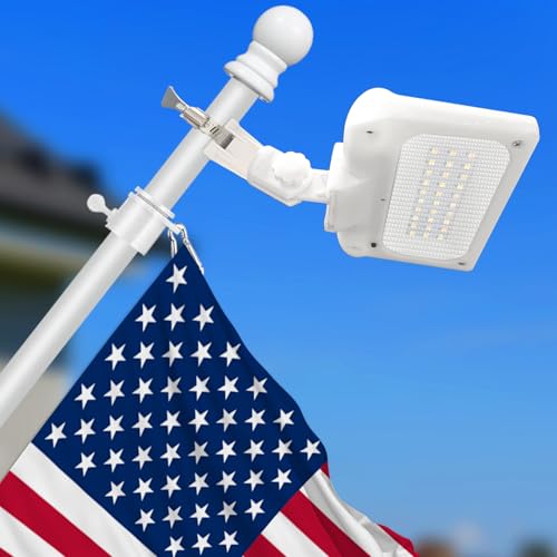 Flag Pole Light Solar Powered 3 Mode Metal Clamps Fits 5ft 6ft Wall-Mounted Flag Poles Outdoor Dusk to Dawn Top Mount LED Spotlight Flag Light White