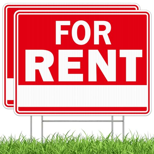 2PC For Rent Sign with Stake, 17"x13" Double Sided Corrugated Plastic, For Rent Yard Sign for Home House and Real Estate, Real Estate Agents Supplies, UV Protected, Weather Resistant, Non-Fading