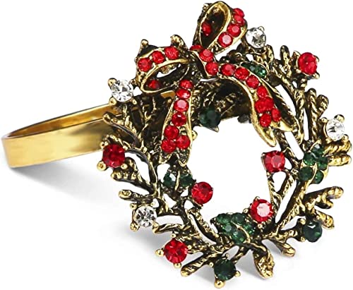 Image of Legigo Set of 6 Christmas Wreath Napkin Rings Set- Metal Xmas Napkin Ring Holders for Cloth Napkins, Christmas Holiday Party Dinner Table Decoration