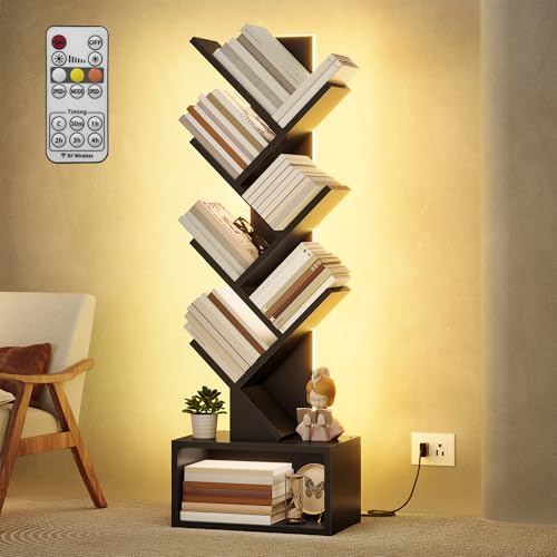 Image of Hoctieon 6 Tier Tree Bookshelf, Tall Bookcase with Drawer, Freestanding Book Shelf with LED Lights, Display Floor Standing Storage Shelf, Book Organizer Shelves for Home Office, Living Room, Black