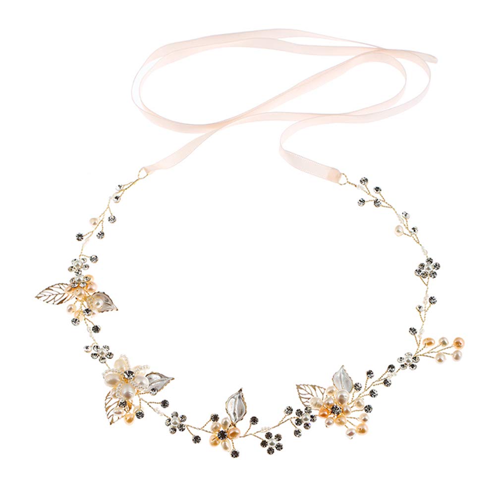 Bridal Hair Accessories Freshwater Pearls Wedding Head Pieces Handmade Flower Vine With Ribbon (Gold)