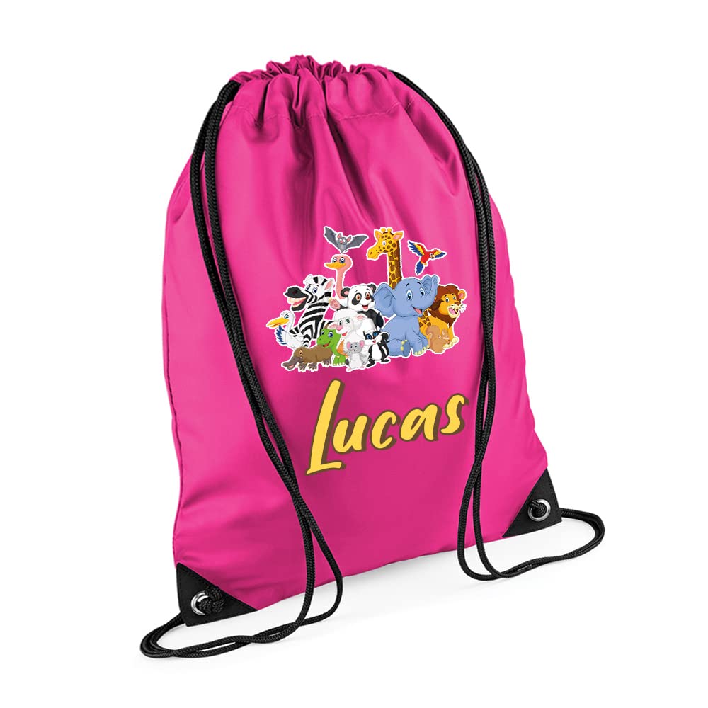 Jungle Theme Bag, Personalised Backpack, forest safari Gift For Kids, Girls, Boys, Funny Wild Animal Gift, Birthday Drawstring Bag, PE Gym Kit Swimming, Sport Rucksack. (Fuchsia)