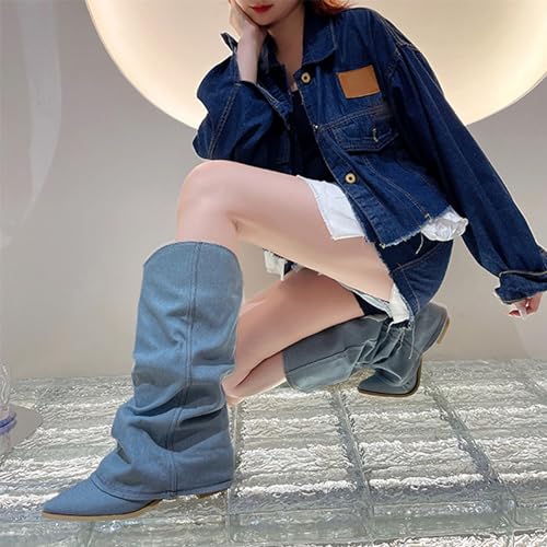 Women's Denim Block Heel Fold Over Knee Boots Fashion Pull On low chunky heel Casual Long Boots Y2K Cowgirl Wide-Calf Boots4