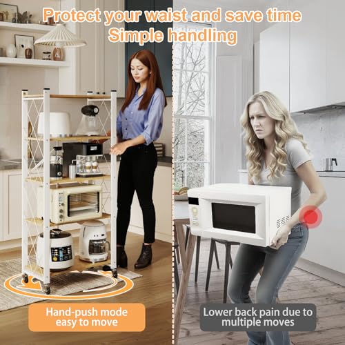 Image of 5-Tier Foldable Storage Shelves with Wheels Wood Grain Transfer | Portable Structure, Suitable For Kitchen, Bedroom, Living Room, Bathroom, Garage, 59*26*13in