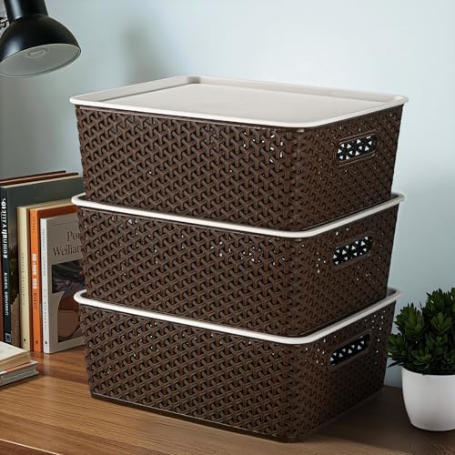 Image of Kuber Industries 3 Pcs Plastic Large Solitaire Storage Basket with Lid & Handle | Multipurpose Storage Rectangular Box for Cloths Toys & Books | H5 - Brown & White