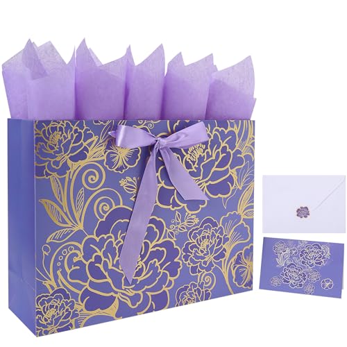 Qirrmiy 16.5" Extra Large Rose Purple Gift Bag Set with Greeting Card and Tissue Paper for Celebrating Birthdays, Mother's Day, Weddings, Anniversaries