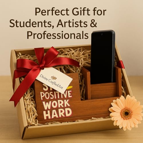 Image of Handcrafted Wooden Pen Holder & Mobile Stand | Premium Desk Organizer for Office, Home & Study Table | Pen Pencil Stand with Card Holder | 6.75 x 3.75 x 2.5 Inch (Stay Positive Desk)
