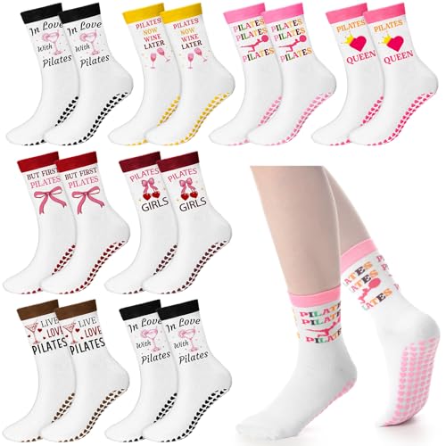 Jeyiour 16 Pairs Pilates Socks Grip for Women Girls Non-slip Yoga Crew Grippy Pink Bow Pilates Socks