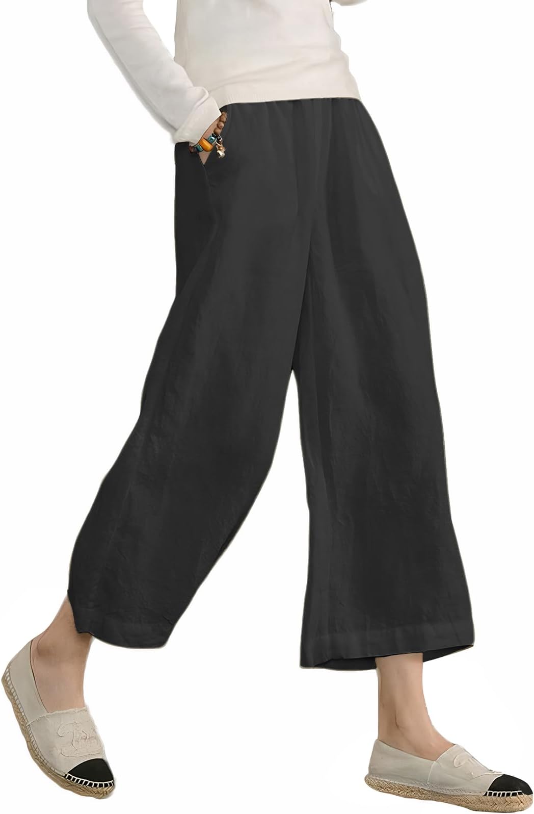 ECUPPER Womens Plus Size Capri Pants Elastic Waist Cotton Relaxed Loose Casual Cropped Trousers