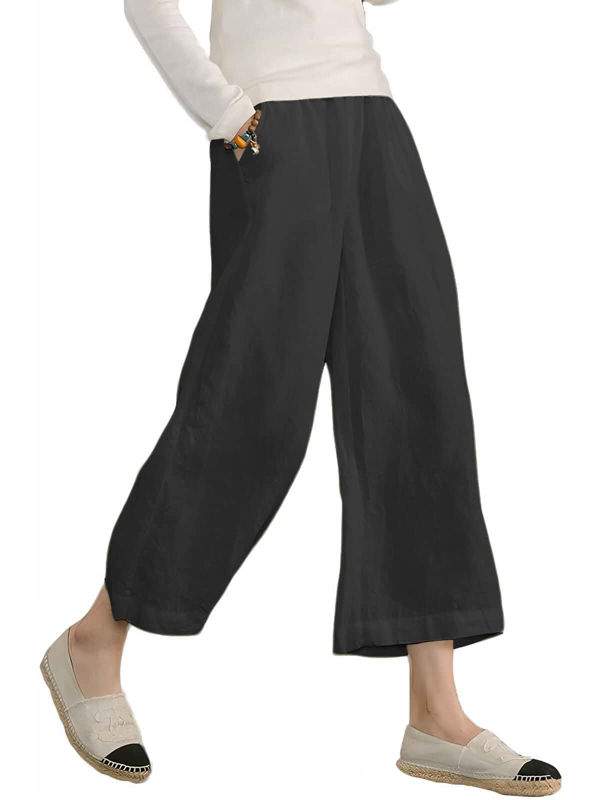 ECUPPER Womens Cotton Cropped Pants Wide Leg Trousers Casual, Plus Size, Elastic Waist, Capri, 100% Cotton, Loose Fit, High Rise Waist, Lounge Pants