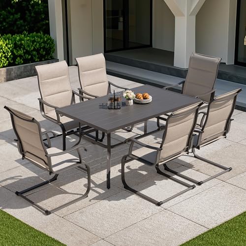 Image of NUU GARDEN 7-Piece Outdoor Patio Dining Set - 6 Textilene Dining Chairs & 60.6 inch Table with Umbrella Hole, Weather-Resistant Furniture for Yard Porch Poolside Garden, Beige