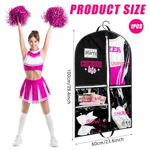 Blushtier Cheer Garment Bags for Cheerleading Uniform Waterproof Hanging Garment Bags for Dance Costumes 40 Inch Clothes Bag with 5 Pockets and Side Zip Travel Storage Cheer Uniform(Black,Rose Red)