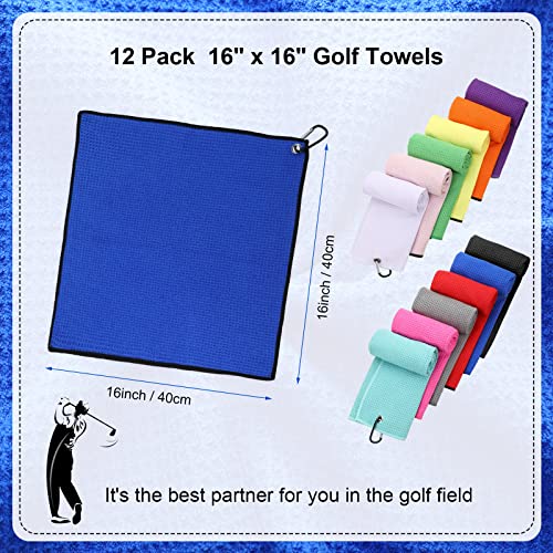 12 Pack 16'' X 16'' Golf Towel Trifold Golf Bag Towel With Clip Microfiber Fabric Waffle Pattern Golf Towel For Golf Bags Golf Accessories Gifts For Men Women (Colorful) #TOP3