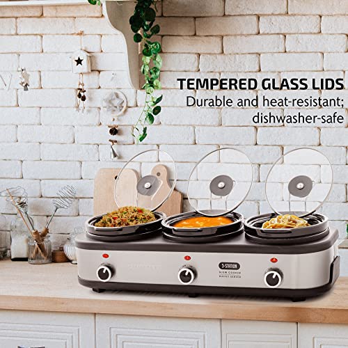 Image of OVENTE Electric Triple Slow Cooker, 4.5Qt Buffet Server, Silver SLO315CBR | 300W Portable Three 1.5Qt Pots, Adjustable Heat Settings, Easy to Monitor & Clean, Perfect for Entertaining